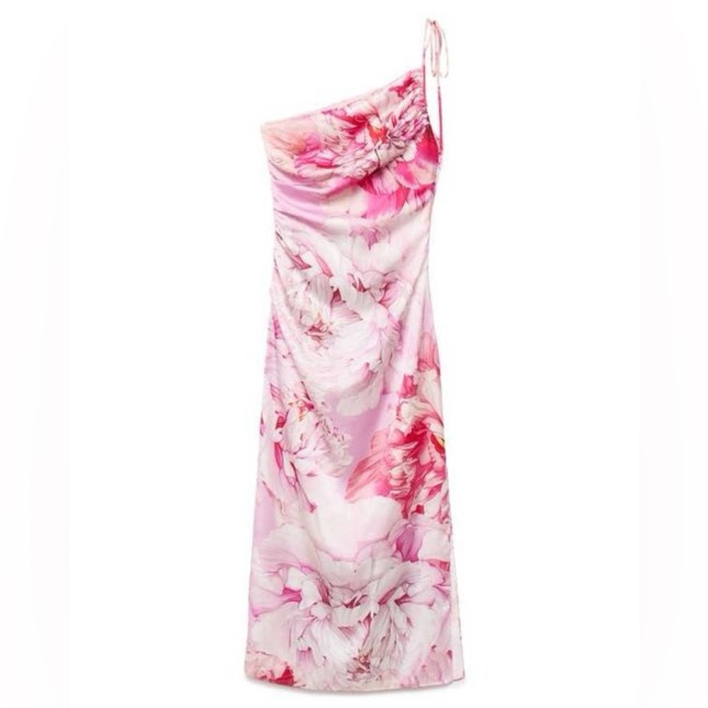 Mango Pink Floral One Shoulder Dress